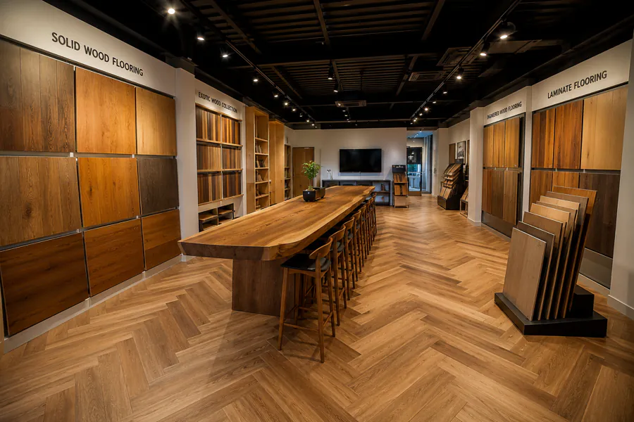 Flooring Experience Studio — Engineered Wood, herringbone, KR Puram, 1250 sq ft — flooring by Rebel Walls & Floors