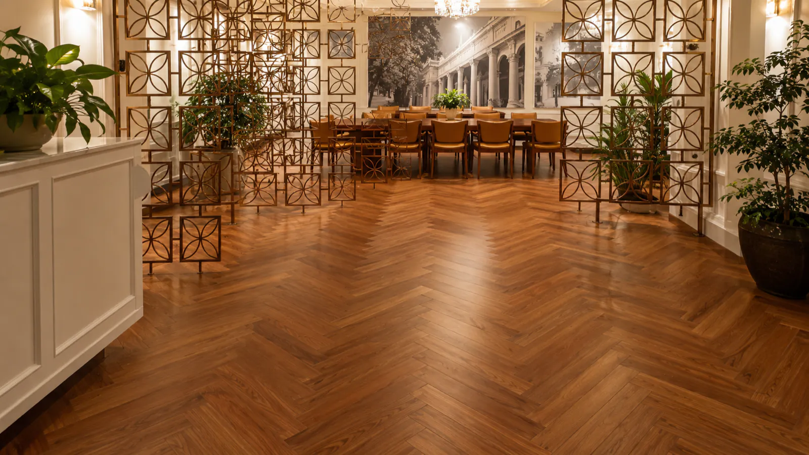 Family Dining Hall — Engineered Burma Teak, herringbone, Indiranagar, 1200 sq ft — flooring by Rebel Walls & Floors